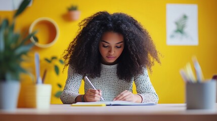Young woman writing in notebook. Young woman in high resolution 4k video notes. A field of yellow field with a yellow backdrop of depth study. A young woman jotting down notes lifestyle in a notebook.