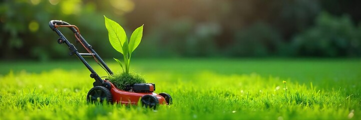 Fototapeta premium A whimsical image depicting a small, vibrant green lawn sprouting from a discarded lawnmower, suggesting themes of renewal and unexpected growth , summer, abandoned, rural