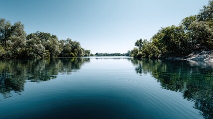 Obraz premium A serene lake landscape showcases tranquil water reflecting lush greenery along the shoreline on a bright, sunny day.