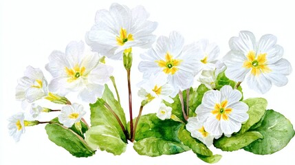 Fototapeta premium A beautiful watercolor illustration of white flowers with yellow centers and green leaves, showcasing a natural and vibrant floral arrangement