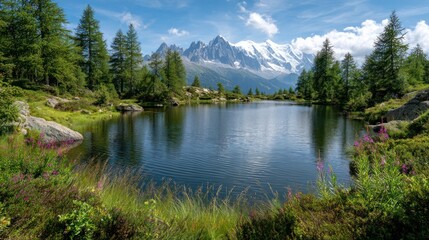 Fototapeta premium Serene Lake in Mountain Valley: a tranquil view of an alpine lake, mirroring snow-capped peaks and evergreen trees under a brilliant sky. 