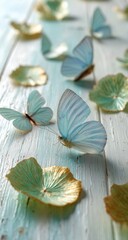 Pale blue butterflies and delicate pastel petals artfully arranged on a light blue wood surface, creating a serene, whimsical scene