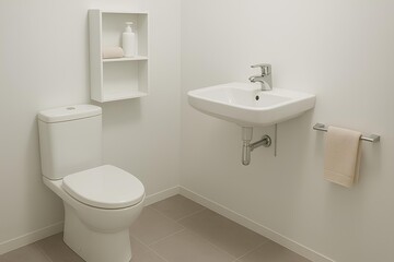 Compact toilet with sink, wall storage, efficient layout
