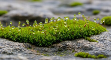 Delicate Jewels of Moss: Water Drops Adorn Tiny Plants