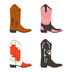 Cowboy boots in Western style, cow boy accessories set. Retro leather footwear with vintage patterns, hat, sheriff star.