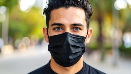 A man wearing a face mask outdoors. Close-up portrait