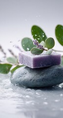 Two lilac-hued soap bars rest atop smooth gray stones, adorned with eucalyptus and lavender sprigs, amidst water droplets on a light gray background