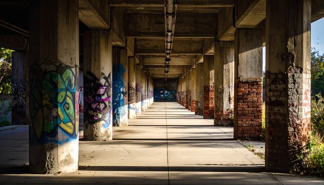 Walking Through Concrete Column Tunnel with Graffiti and Light