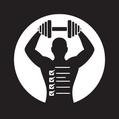 Silhouette of a muscular man lifting a barbell with a checklist on his back in a white circle frame
