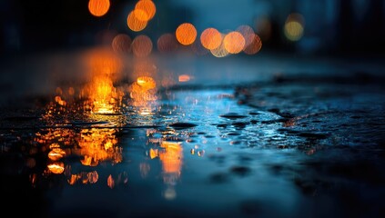 A nighttime street scene with blurred bokeh lights reflected in a puddle on a wet, dark asphalt road, showing flames or embers near the puddle
