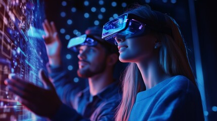 Man and woman wearing virtual reality glasses. Holographic couple on startup display. A virtual innovation technology is a world of corporate smartwatches. A man and a woman donning virtual lifestyle.