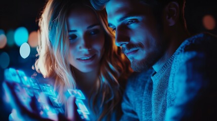 Man and woman wearing virtual reality glasses. Holographic couple on startup display. A virtual innovation technology is a world of corporate smartwatches. A man and a lifestyle woman donning virtual.
