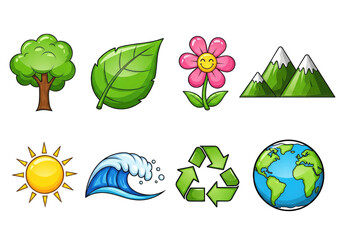 Nature Eco Elements with Cartoon Style Tree, Mountains, Flower, Sun & Wave with Earth