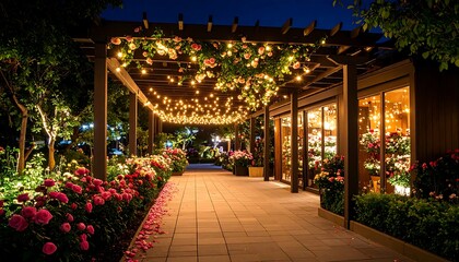 Walking Through Flower Garden Path with Decorative Lighting at Night