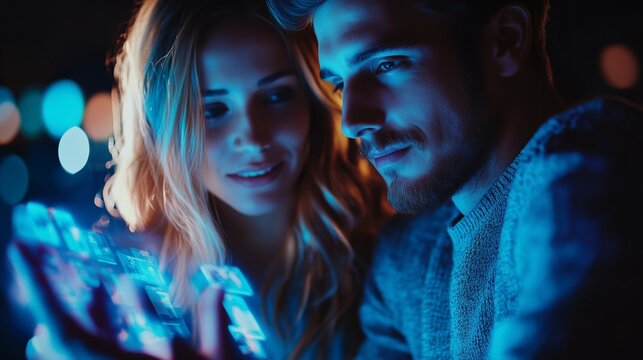 Man and woman wearing virtual reality glasses. Holographic couple on startup display. A virtual innovation technology is a world of corporate smartwatches. A man and a lifestyle woman donning virtual.