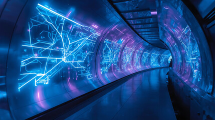 A futuristic tunnel illuminated by glowing blue and pink neon lights displaying a complex network map.