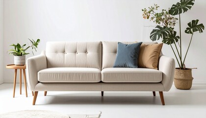 Modern beige fabric sofa with wooden base and five neutral throw pillows, set against a white wall