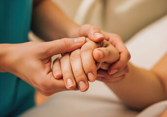 Labor and delivery nurse's hands holding a laboring woman's hand to provide encouragement