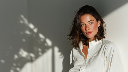 Elegant young woman with shoulder-length brunette hair wearing a white shirt, posing in soft natural sunlight with artistic shadows on the wall, showcasing modern beauty and confidence