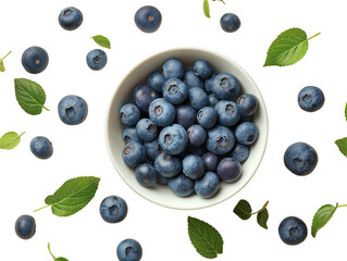 Fresh Blueberries in Bowl with Leaves on White Background