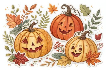 Three happy jack o lanterns surrounded by autumn leaves and foliage