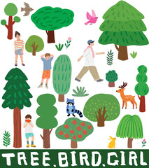 나무와 숲, 동물, 사람을 직접 그린 일러스트