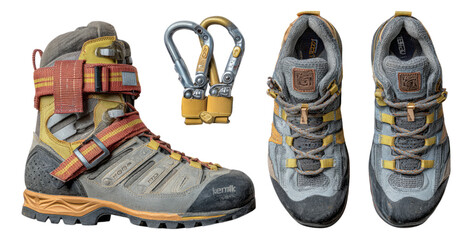 Isolated Hiking Boot and Shoe with Climbing Carabiners on Transparent Background