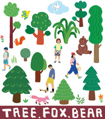 나무와 숲, 동물, 사람을 직접 그린 일러스트