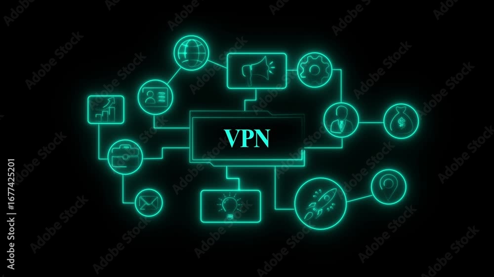 Poster glowing neon vpn product lifecycle management system technology concept. technology, internet and ne