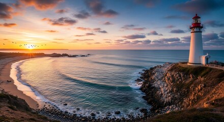 Dramatic Coastal Lighthouse at Sunset: Serene Ocean, Golden Sky, Birds.