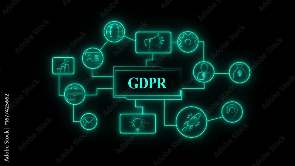 Poster glowing neon gdpr product lifecycle management system technology concept. technology, internet and n