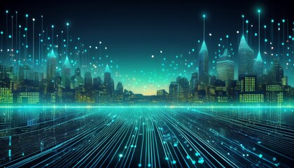 futuristic abstract banner featuring glowing blue digital dots on a dark green gradient background with a close up view of binary code patterns on a curved surface the nordic style cityscape with a