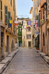 typical street of Saint Tropez with houses and plants in France in spring
