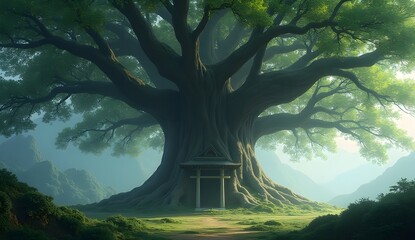 A grand, ancient tree stands tall, its lush branches sheltering a small shrine. Misty mountains and vibrant greenery create a serene, mystical atmosphere around it.