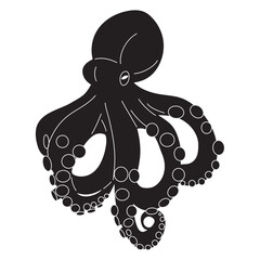 Black silhouette of octopus isolated on white background for logo, stickers, icons	