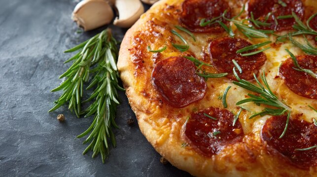 Delicious Pizza with Herbs: An appetizing close-up of a pepperoni pizza adorned with fresh herbs and fragrant spices, radiating warmth and savory appeal on a rustic surface.