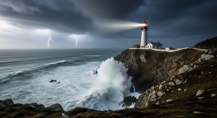 Dramatic Lighthouse Stands Against Violent Ocean Storm, Crashing Waves, and Multiple Lightning Strikes