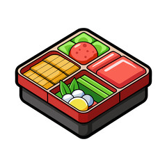 Beautiful Japanese bento box vector illustration with compartments, traditional lunch design, healthy food concept, minimalist flat style, restaurant menu art
