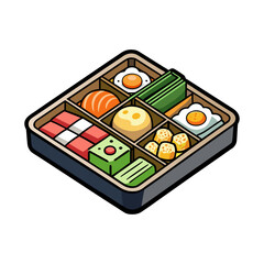 Beautiful Japanese bento box vector illustration with compartments, traditional lunch design, healthy food concept, minimalist flat style, restaurant menu art
