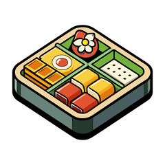 Beautiful Japanese bento box vector illustration with compartments, traditional lunch design, healthy food concept, minimalist flat style, restaurant menu art