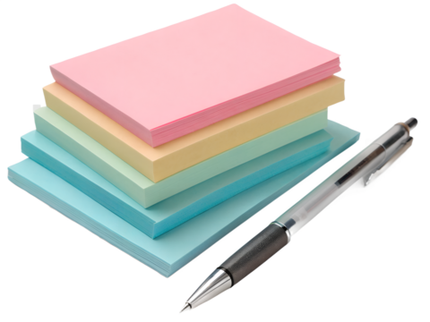 Stack of colorful sticky notes with pen isolated on transparent background