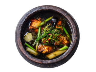 Black Chicken Herbal Soup in the middle isolatrd Heals Body With Warm Herbs