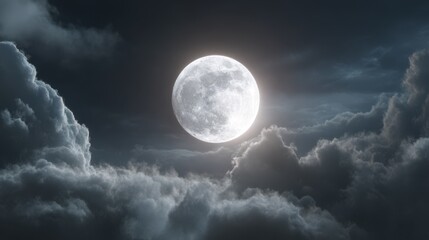 Obraz premium A hyper-realistic full moon glowing in the night sky, detailed craters and textures illuminated with cinematic lighting, dramatic clouds passing by in movie style
