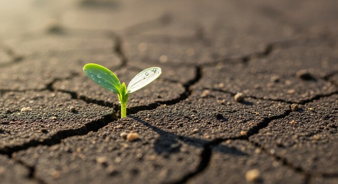 Small green sprout with water drops growing in cracked dry earth, concept for resilience, overcoming adversity and ecological recovery