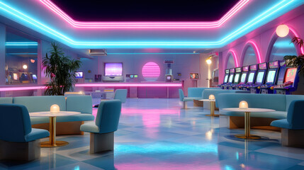 Futuristic arcade interior featuring glowing neon lights, vibrant colors, and modern furniture. atmosphere is lively and inviting, perfect for gaming enthusiasts