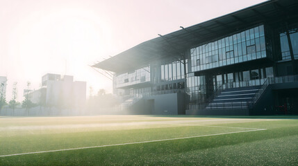 Modern soccer training facility in bright morning light with clean inviting atmosphere. Educational sports environment perfect for youth programs and academic training recruitment.