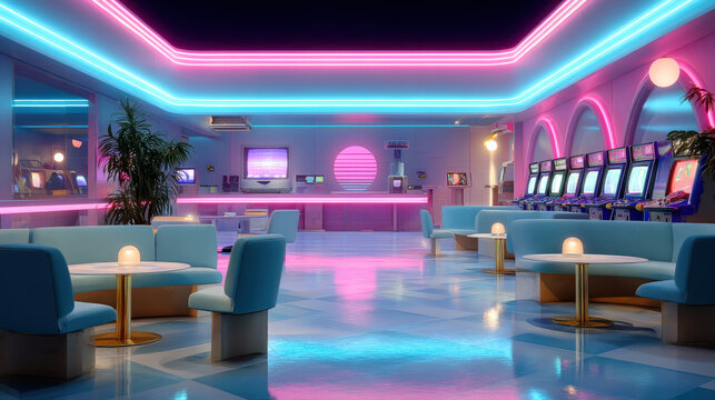 Futuristic arcade interior featuring glowing neon lights, vibrant colors, and modern furniture. atmosphere is lively and inviting, perfect for gaming enthusiasts