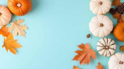 Fototapeta premium Autumn's Embrace: Vibrant pumpkins and golden autumn leaves are scattered artfully on a calming turquoise surface, symbolizing harvest abundance and the changing season.
