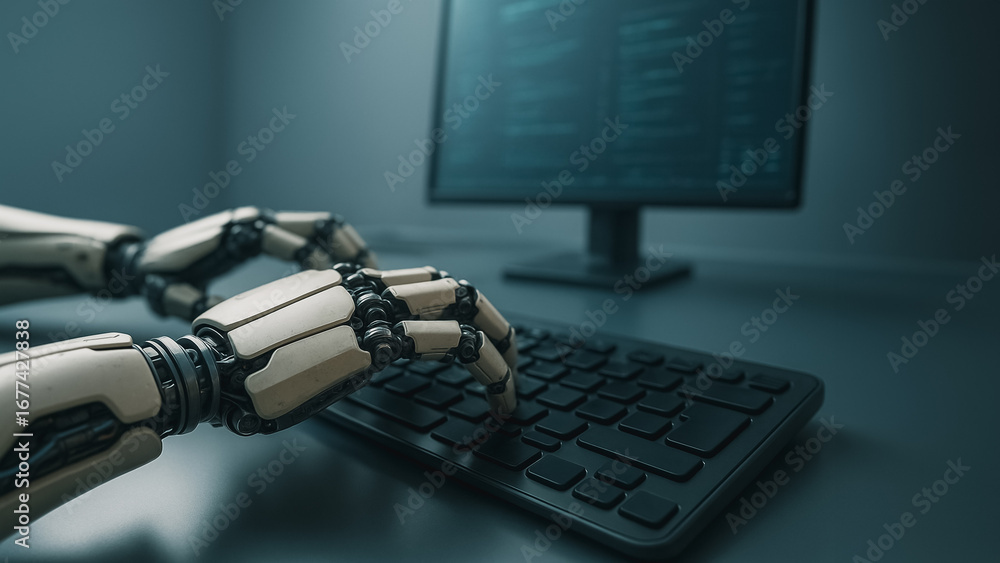 Poster ai coding in action: a close-up shot reveals robotic hands expertly navigating a keyboard, their mov