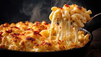 A cast iron skillet overflows with steaming, cheesy macaroni and cheese.  A serving spoon lifts a portion, revealing long, stringy cheese pulls.  The top is browned and bubbly